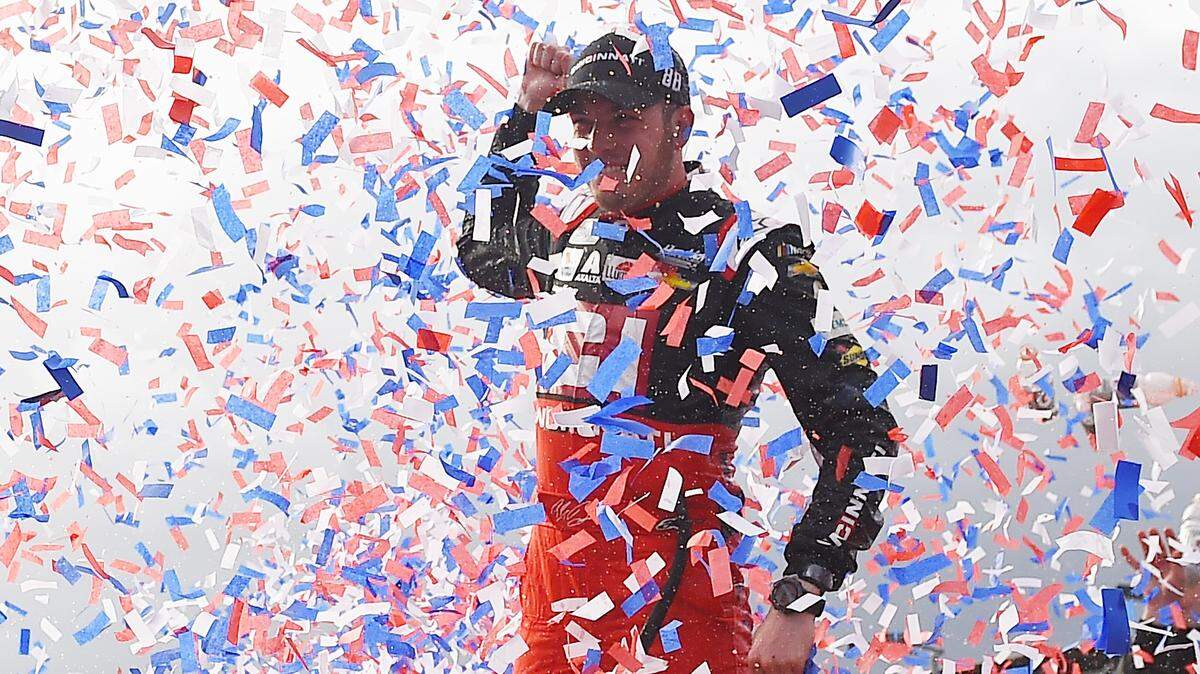 FONTANA, CALIFORNIA - MARCH 01: Alex Bowman, driver of the #88 Cincinnati Chevrolet, celebrates in Victory Lane after winning the NASCAR Cup Series Auto Club 400 at Auto Club Speedway on March 01, 2020 in Fontana, California. (Photo by Stacy Revere/Getty Images)