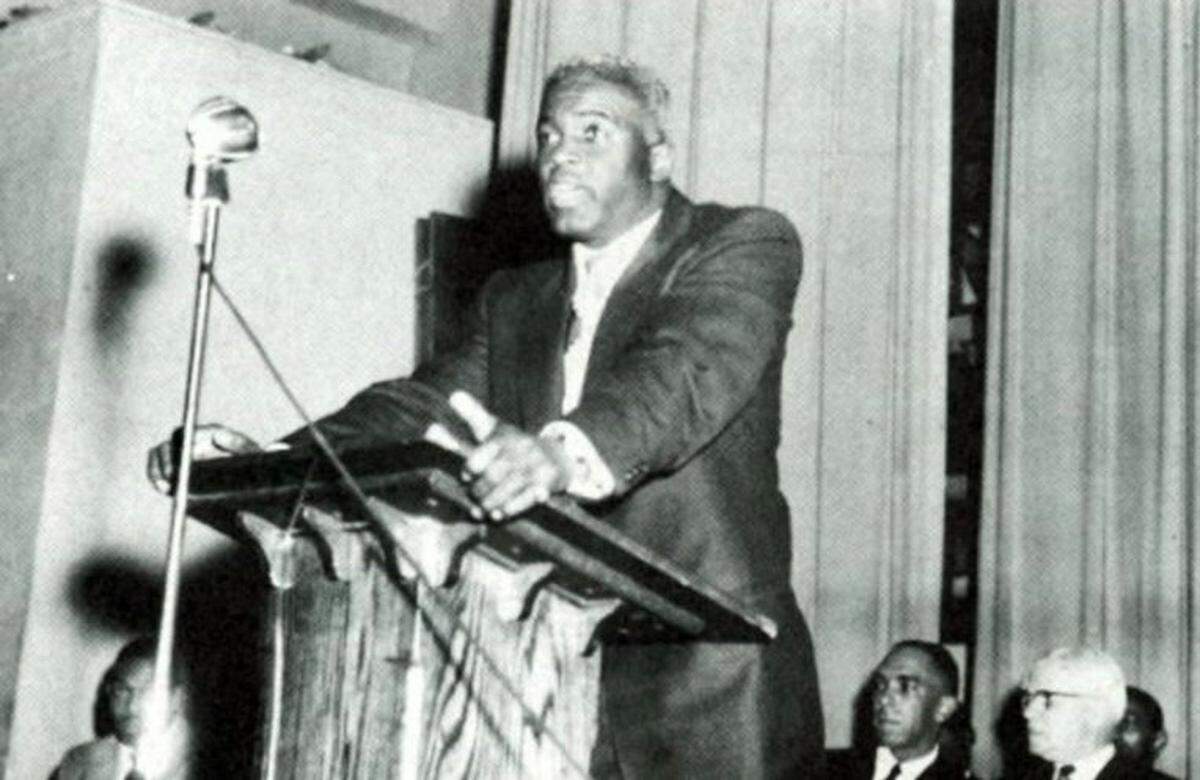Jackie Robinson speaks at Carver College in Second Ward High School in 1956