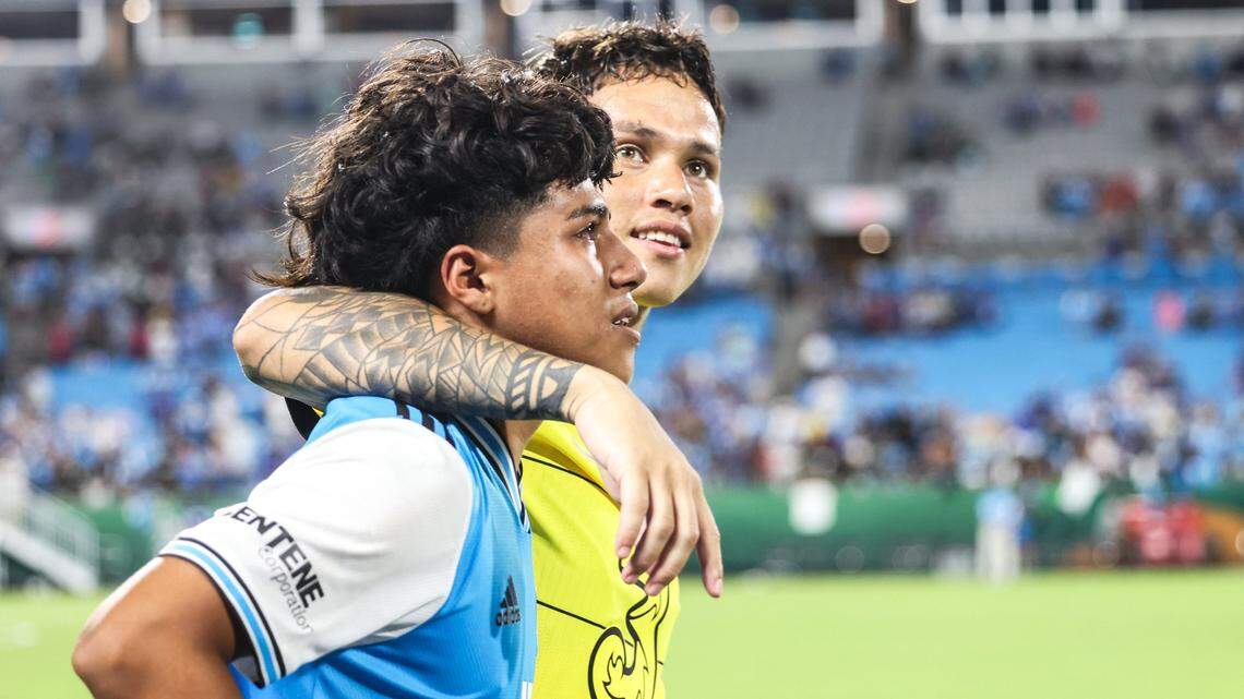 Charlotte FC’s Brian Romero, front, tears up as he walks off the field after a win against Chelsea at Bank of America Stadium in Charlotte on Wednesday.