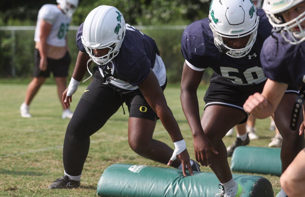 Weddington High defensive lineman Trajen Odomon runs through position drills during practice on Monday, September 9, 2024. Odom has been recruited by Ohio State and will play for their team after he graduates.