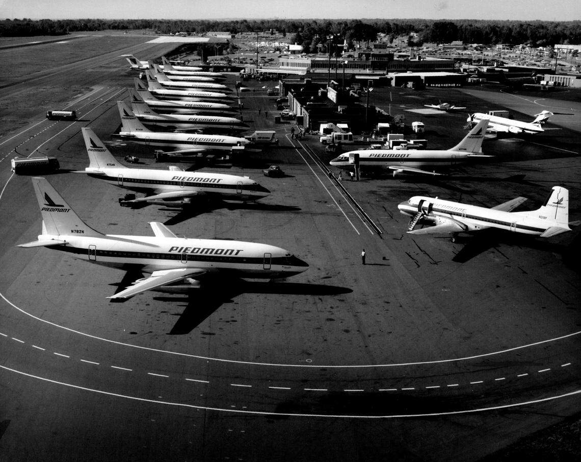 Piedmont planes lined up outside the airline's complex at Douglas Municipal Airport