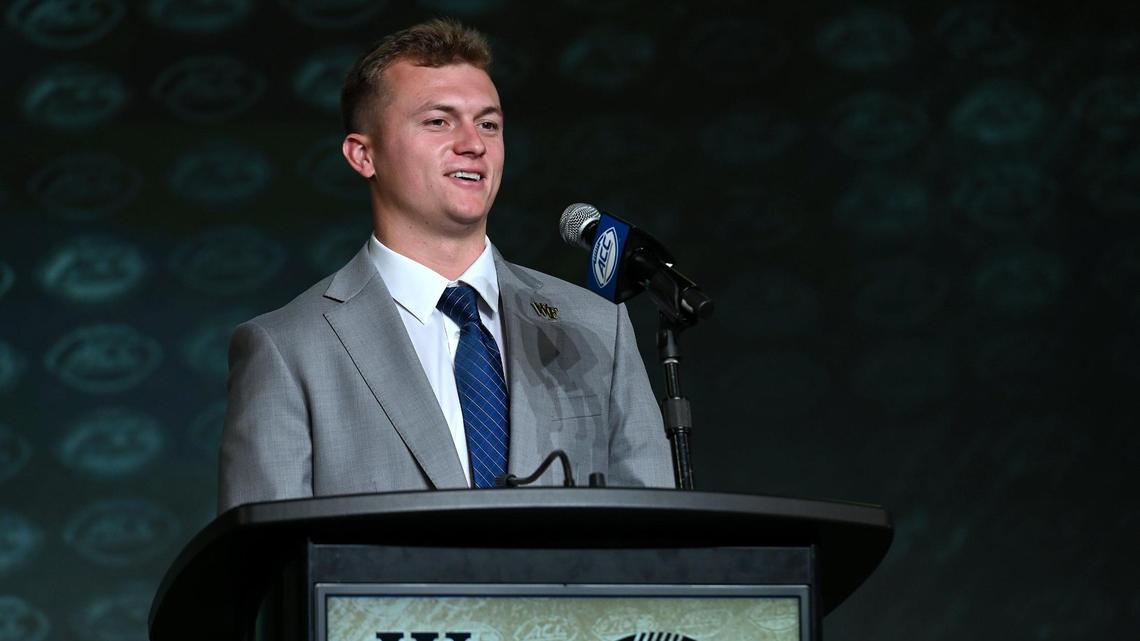 Wake Forest quarterback Mitch Griffis responds to a reporter’s question during the third day of the ACC Kickoff event at the Westin Hotel in Charlotte, NC on Thursday, July 27, 2023.