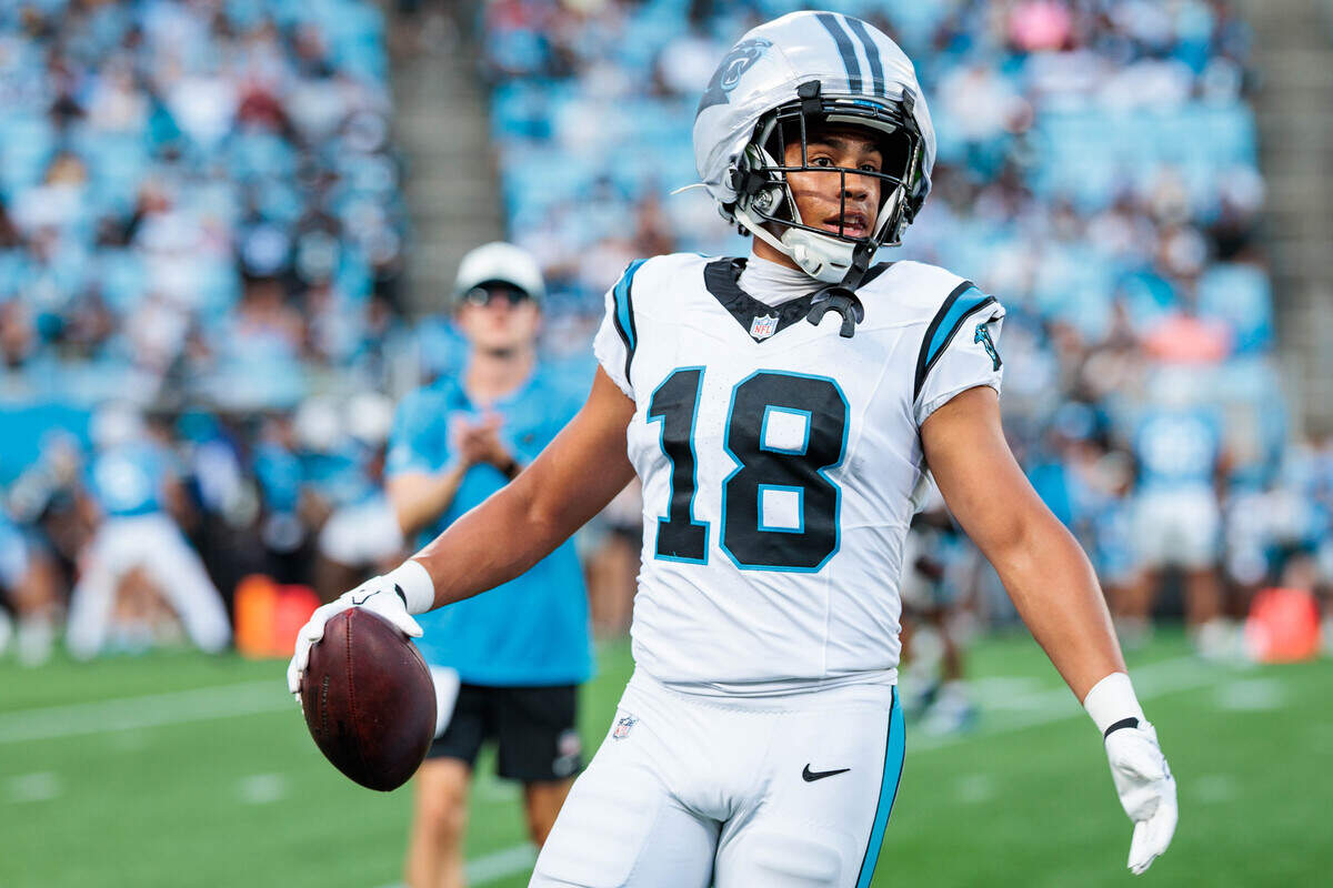 Panthers wide receiver Jalen Coker practices at Fan Fest on Friday, July 31, 2026, in Bank of America Stadium.