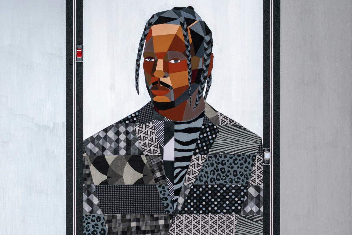The Smithsonian Institution Traveling Exhibition Service’s Men of Change exhibit includes this Derrick Adams work depicting rapper Kendrick Lamar.