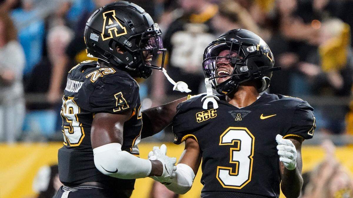 App State celebrates at the Duke’s Mayo Classic at the Bank of America Stadium in Charlotte, N.C., on Thursday, September 2, 2021.