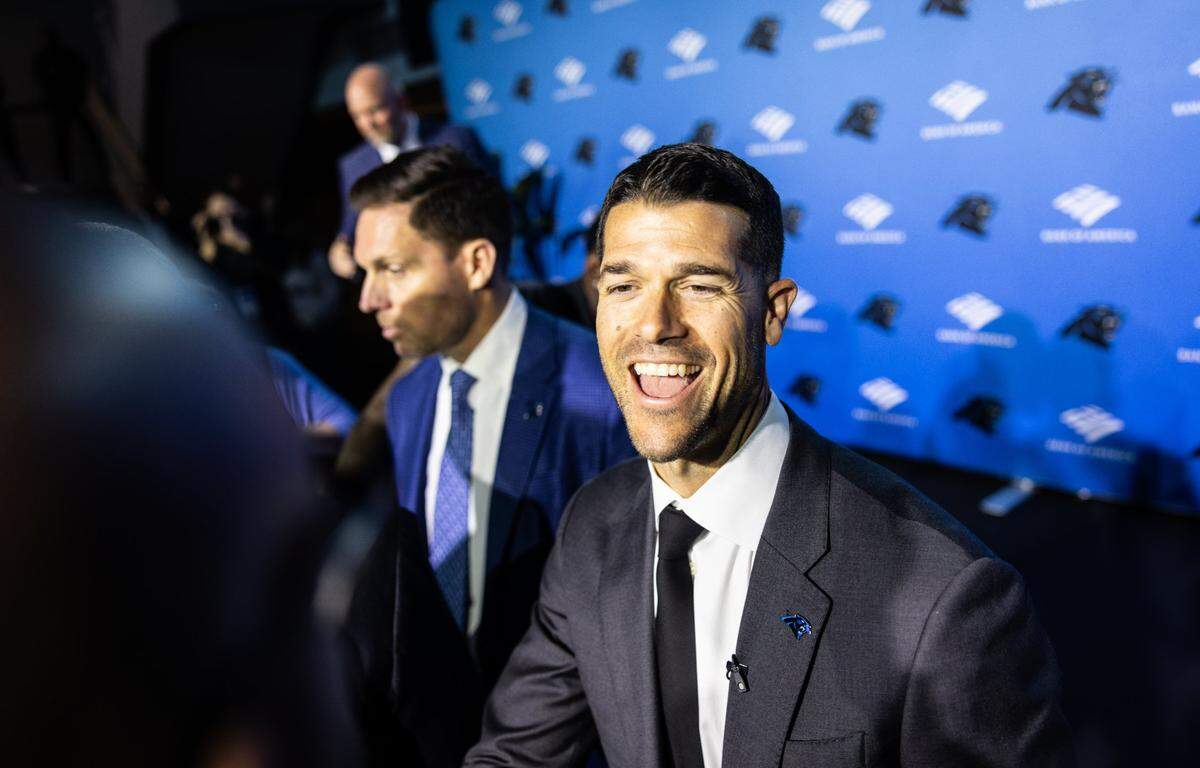 Carolina Panthers coach Dave Canales speaks with attendees after a press conference at the Bank of America Stadium in Charlotte, N.C., on Thursday, February 1, 2024.