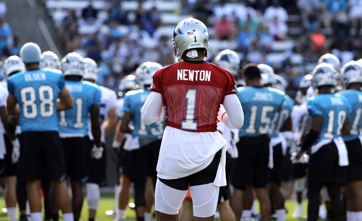 Carolina Panthers quarterback Cam Newton (1) designed a week of workouts that would build chemistry and test preparation for training camp, where the first practice was held Thursday in Spartanburg.