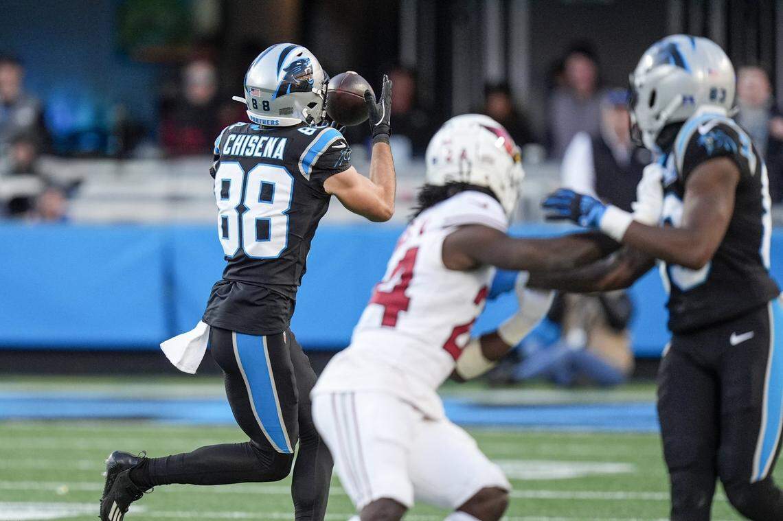 Dec 22, 2024; Charlotte, North Carolina, USA; Carolina Panthers wide receiver Dan Chisena (88) makes a catch against the Arizona Cardinals during the second half at Bank of America Stadium. Mandatory Credit: Jim Dedmon-Imagn Images