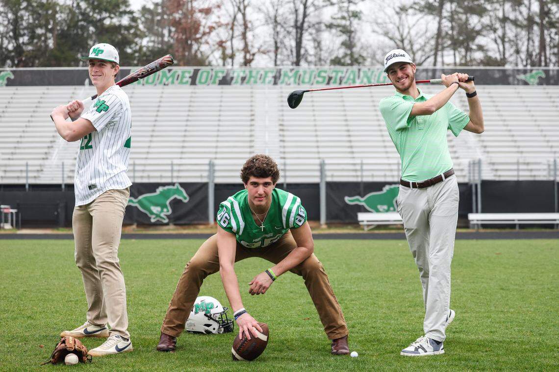 Myers Park triplets, from left, Ike, Max and Eli Schmidly will all sign college scholarships on National Signing Day. Ike is going to James Madison for baseball, Max to Arkansas for football and Eli to the Charlotte 49ers for golf.