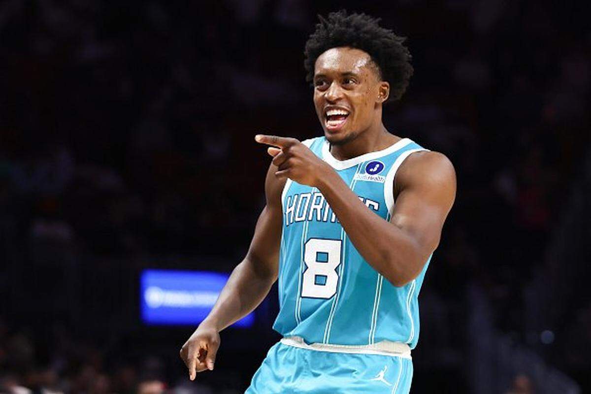 Collin Sexton #8 of the Charlotte Hornets reacts during the third quarter of the game against the Miami Heat at Kaseya Center on October 28, 2025 in Miami, Florida.