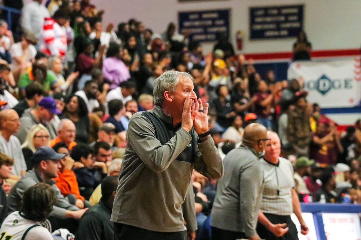 Central Cabarrus Head Coach Jim Baker tells his team to get into a full press