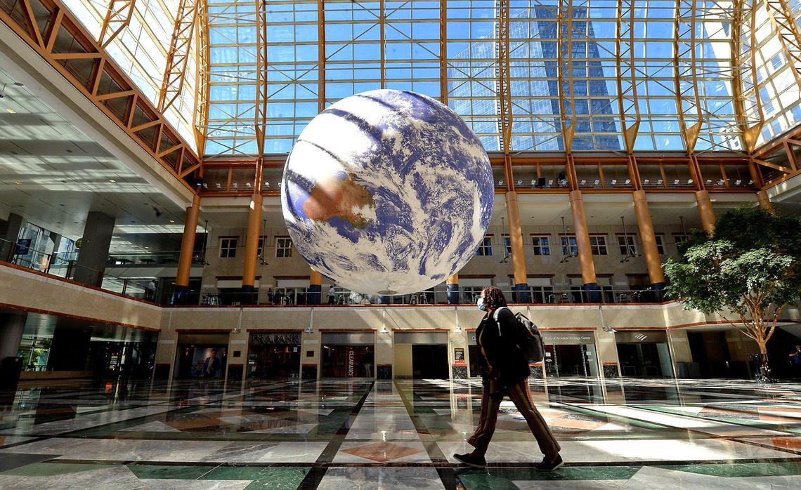 Each centimeter of Luke Jerram’s internally lit Gaia sculpture on display recently at Founders Hall at the Bank of America Corporate Center in Charlotte depicts more than 11 miles of the Earth’s surface.