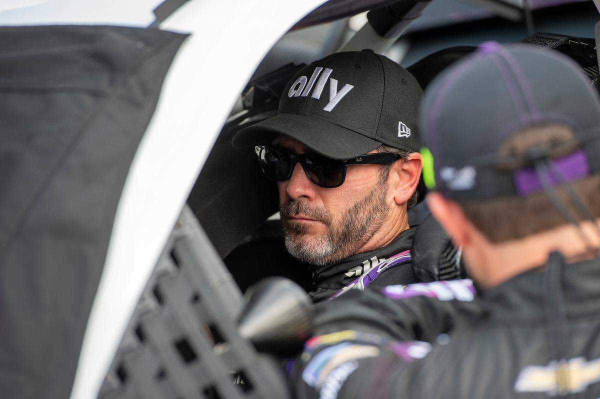 Jimmie Johnson (48) in his race car before the start of a NASCAR Cup Series auto race at Dover International Speedway, Sunday, Aug. 23, 2020, in Dover, Del. (AP Photo/Jason Minto)