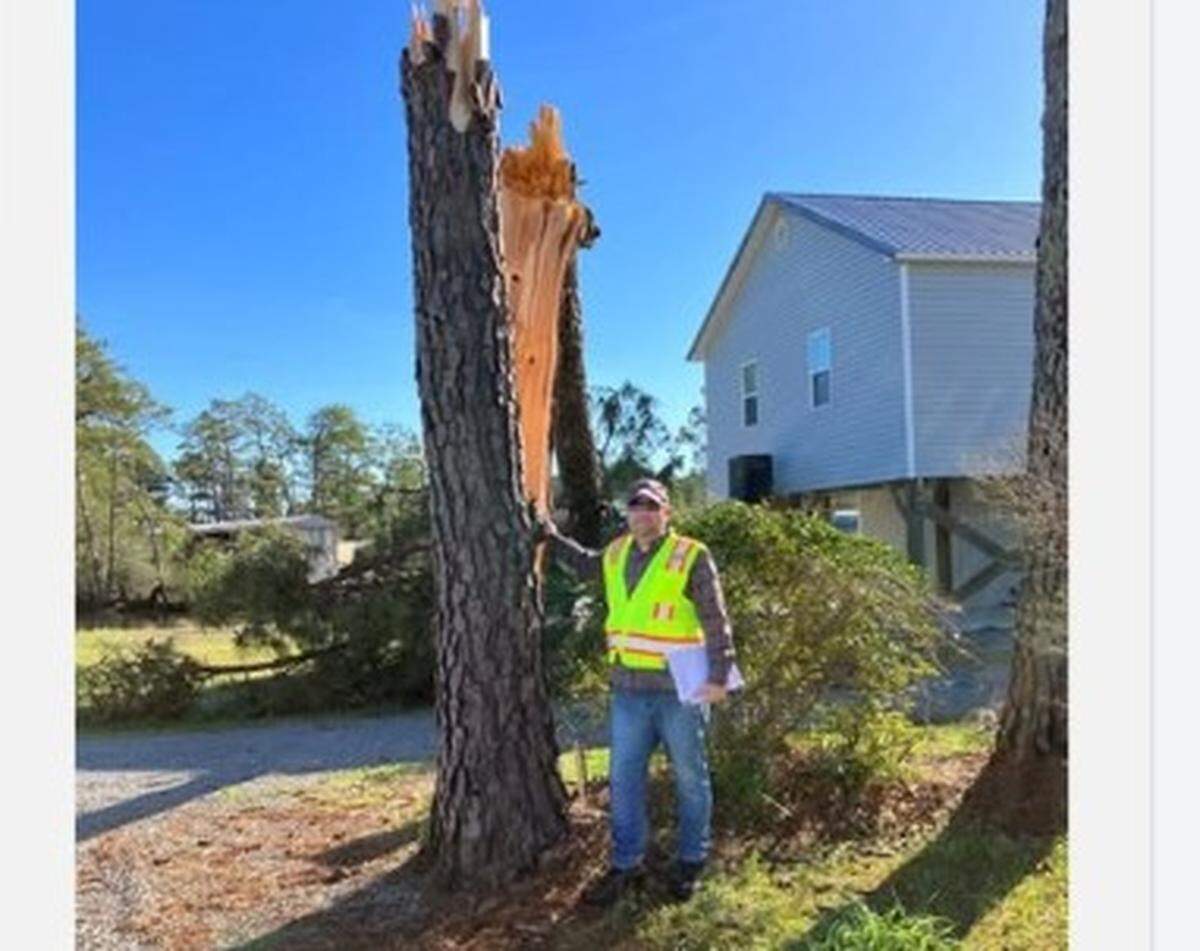 A storm damage survey worker with the National Weather Service stands beside a tree snapped by a 90-100 mph, EF-1 tornado about a mile east of Whortonsville in Pamlico County.