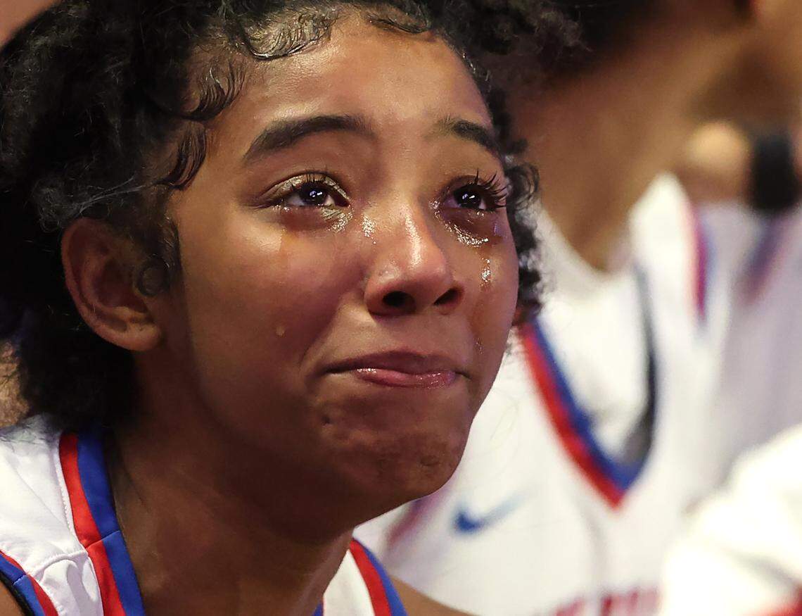 Tears of joy run down the cheeks of North Meck’s Naija’alia Blake as she and the team celebrate their 65-38 win over Southern Durham in the NCHSAA 7A girls championship game on Saturday, March 14, 2026 at Lawrence Joel Veterans Memorial Coliseum in Winston-Salem, NC.