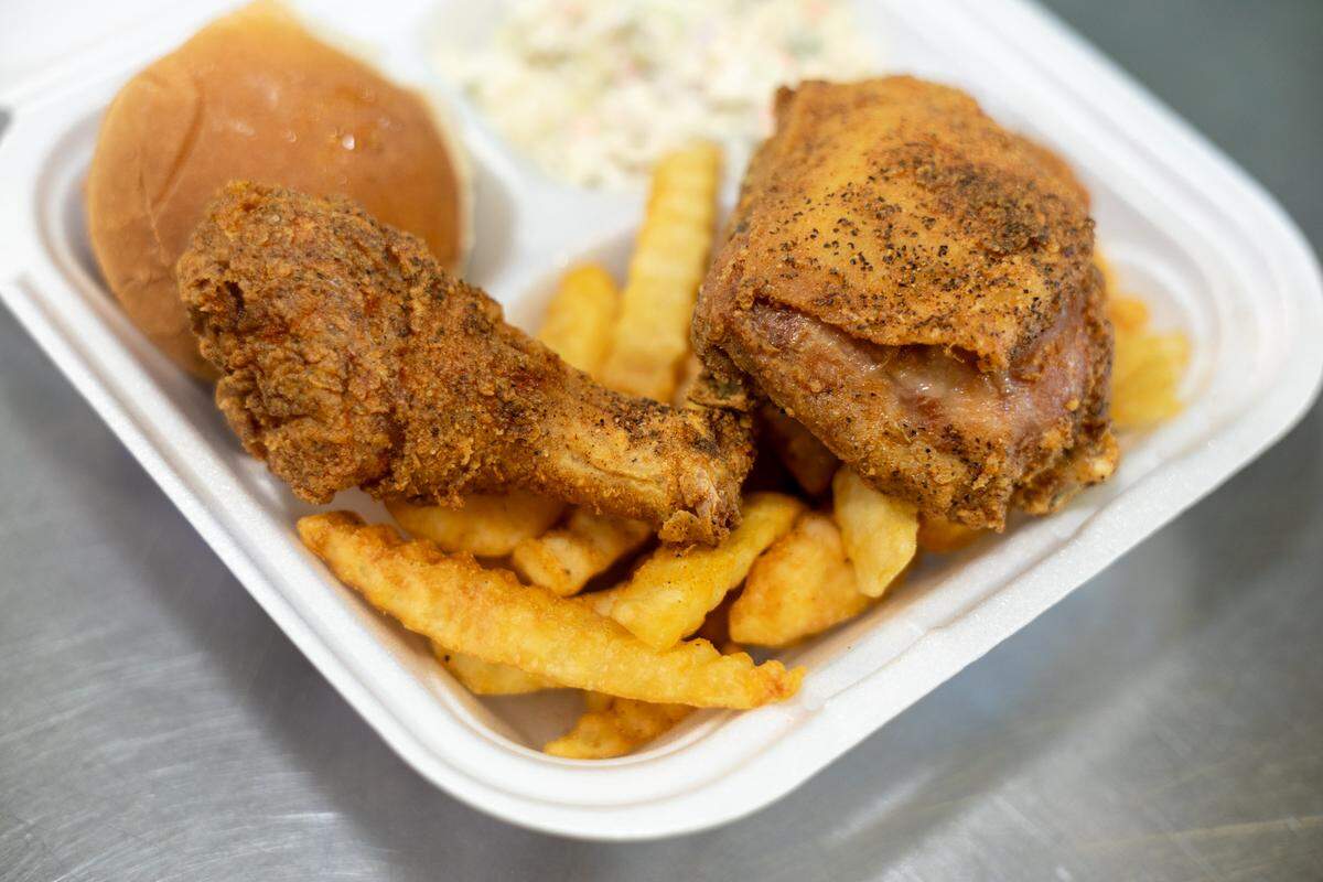 Two pieces of dark meat fried chicken at Original Chicken ‘n Ribs.