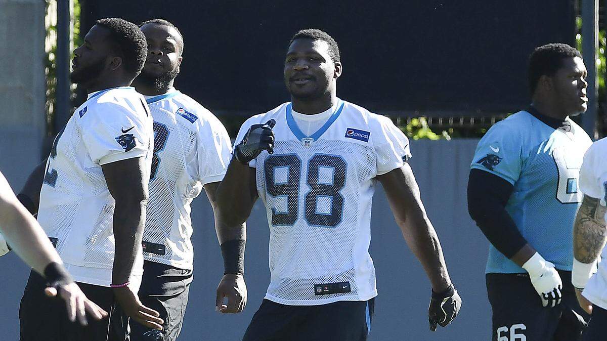 Carolina Panthers defensive end Marquis Haynes (98) has been soaking up tips from the Panthers' decorated room of veteran defensive linemen.