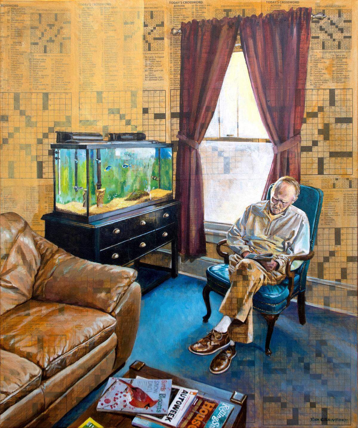 This work by Eva Crawford is titled “88 Across.” It’s acrylic on newspaper and pictures Crawford’s dad, Dudley Compton.
