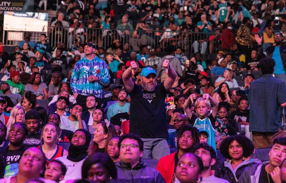 Fans react as Brandon Miller is announced the No. 2 draft pick during Charlotte Hornets 2023 NBA Draft Party at the Spectrum Center in Charlotte, N.C., on Thursday, June 22, 2023.