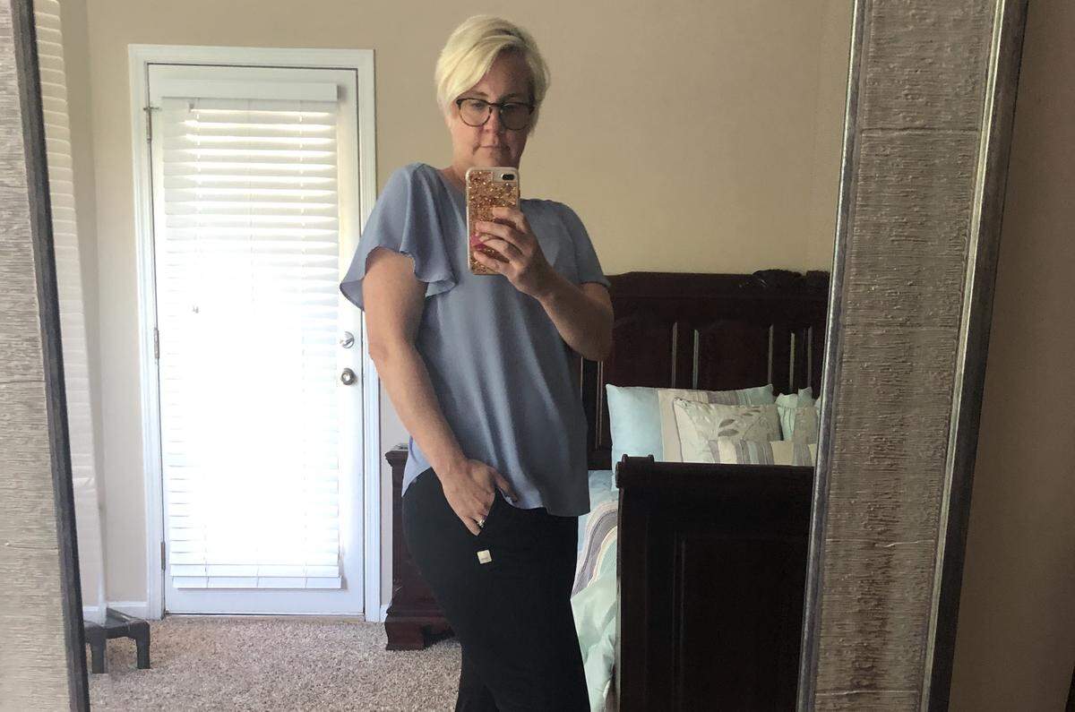 Jenny Melrose calls her “business mullet” — fancy on top and comfort on the bottom — a stay-at-home style win.