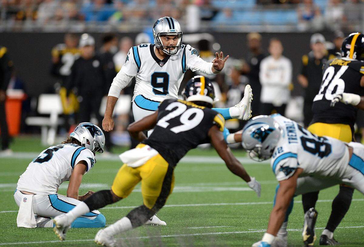 Carolina Panthers kicker Ryan Santoso kicks a 52-yard field goal during first quarter action against the Pittsburgh Steelers at Bank of America Stadium in Charlotte, NC on Friday, August 27, 2021.