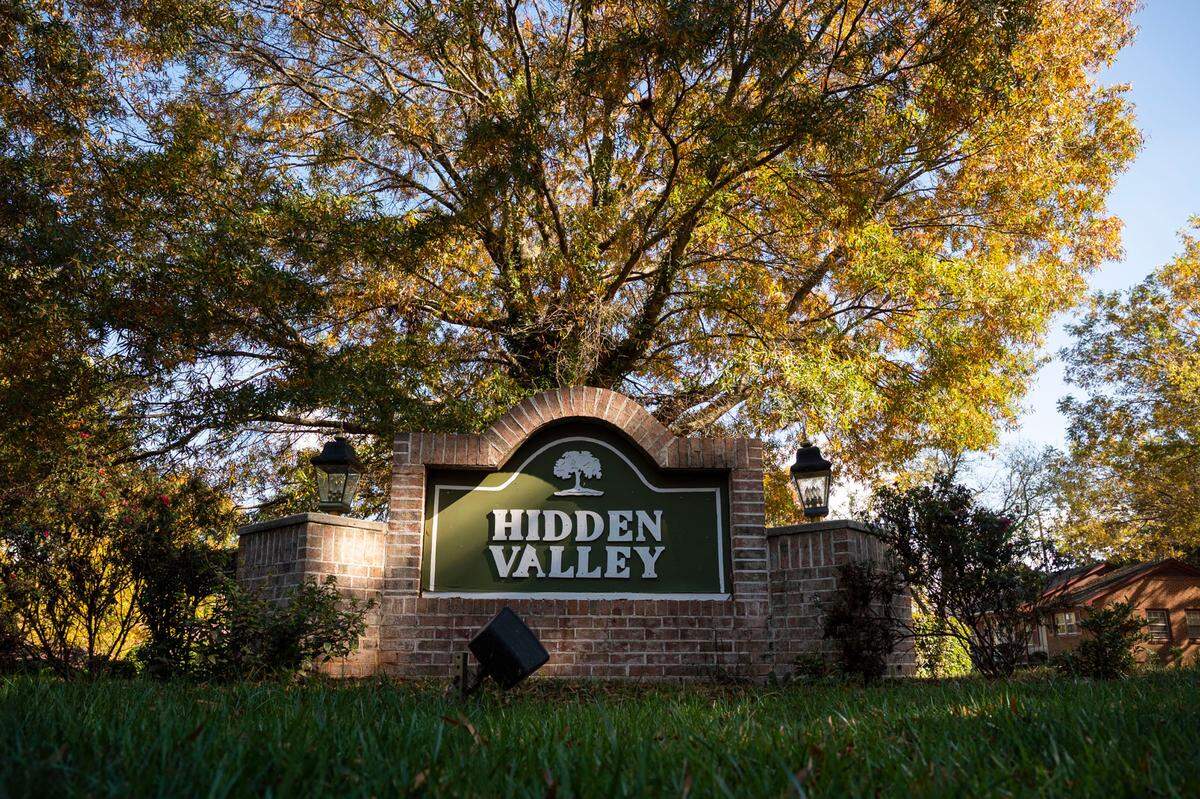 Built in the late 1950s by George S. Goodyear, Hidden Valley originally was a predominantly white middle-class neighborhood. Now, it is a predominantly Black community in northeast Charlotte. This sign welcomes residents and visitors at the neighborhood’s entrance Hidden Valley Road and Sugar Creek Road.