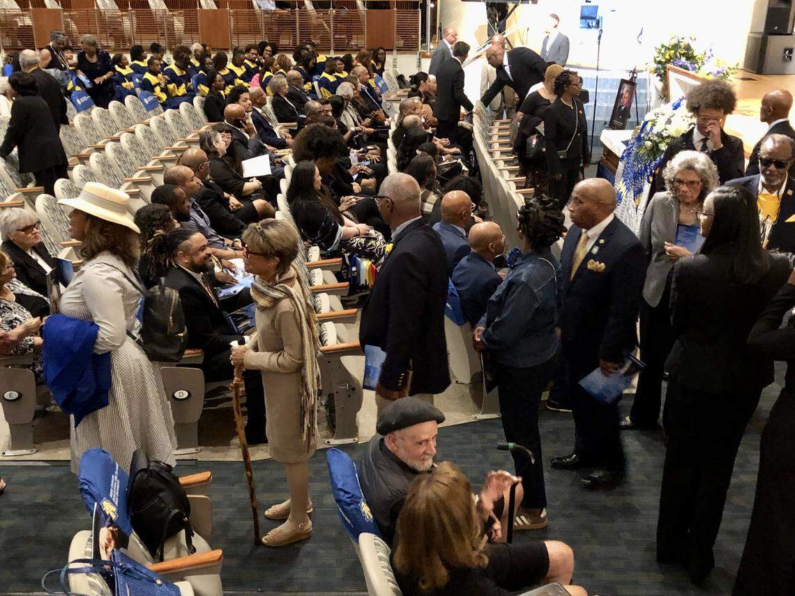 Mourners gather at North Carolina A&T State University in Greensboro for the memorial service of Joseph McNeil one of the Greensboro Four on Thursday, September 11, 2025. 