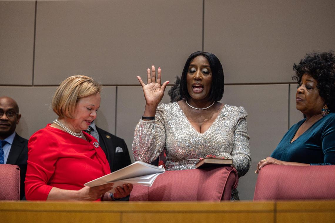 Tiawana Brown is sworn in during the Swearing-in Ceremony for Charlotte City Council at the Charlotte-Mecklenburg Government Center in Charlotte, N.C., on Monday, December 4, 2023.