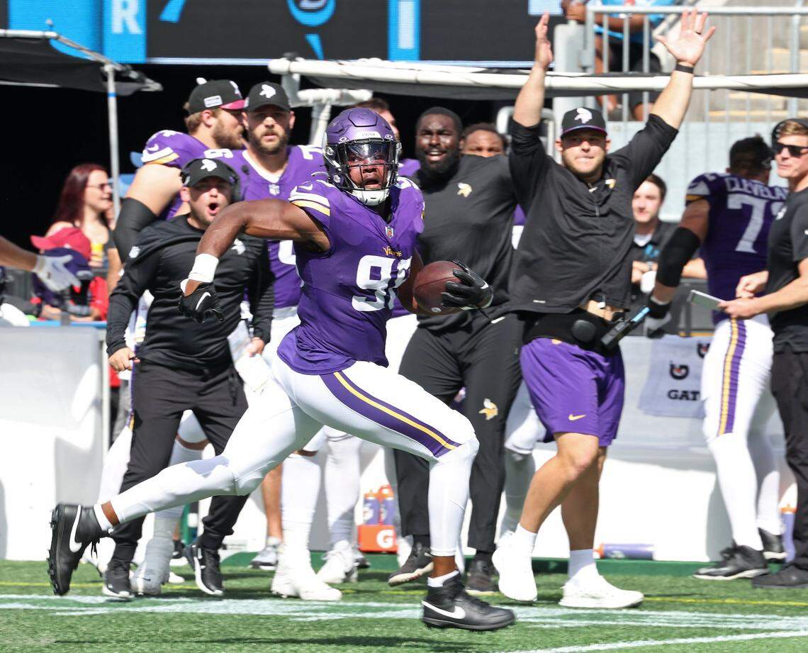 Minnesota Vikings outside linebacker D.J. Wonnum recovers a fumble for a touchdown during second half action at Bank of America Stadium on Sunday, October 1, 2023. The Minnesota Vikings defeated the Carolina Panthers, 21-13.