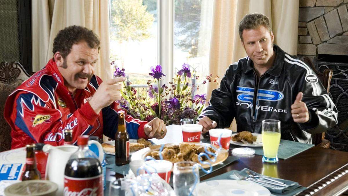 John C. Reilly, left, as Cal Naughton Jr., and Will Ferrell, right, as Ricky Bobby in the Charlotte, NC-filmed “Talladega Nights: The Legend of Ricky Bobby.”