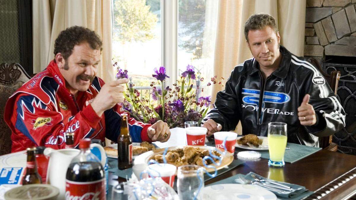 John C. Reilly, left, as Cal Naughton Jr., and Will Ferrell, right, as Ricky Bobby in the Charlotte, NC-filmed “Talladega Nights: The Legend of Ricky Bobby.”
