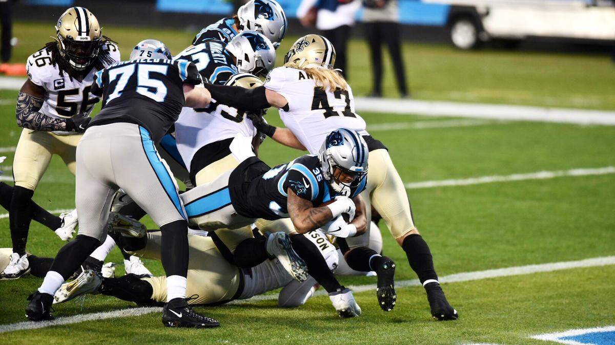 Panthers running back Rodney Smith dives into the end zone for a touchdown against the Saints during the first quarter of the last regular NFL game of the season, Sunday, January 3, 2021.