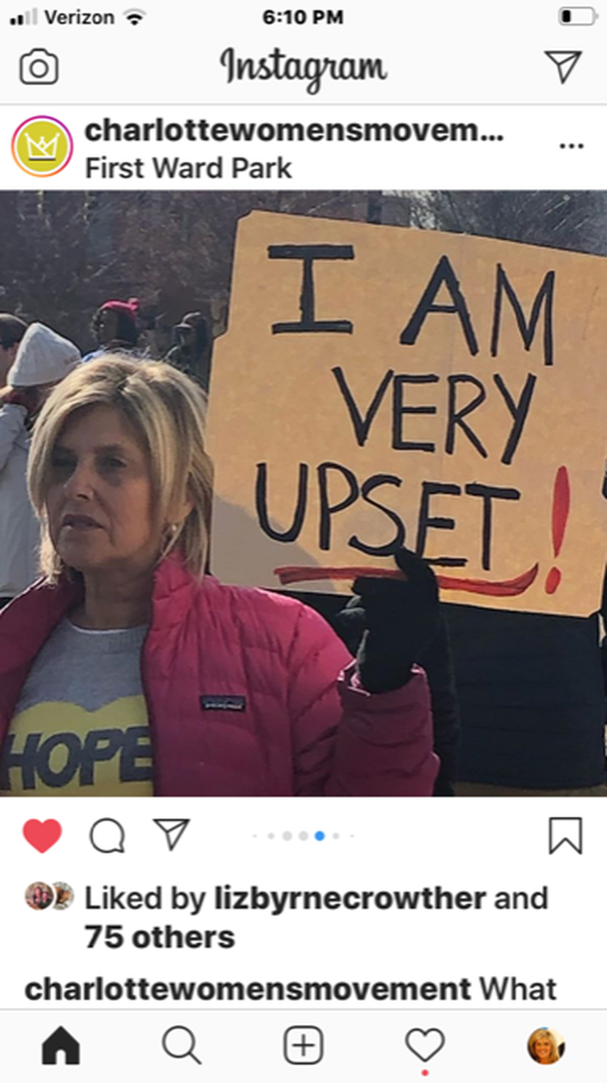 Marcie Healy holds a sign at a January 2020 protest in First Ward Park.