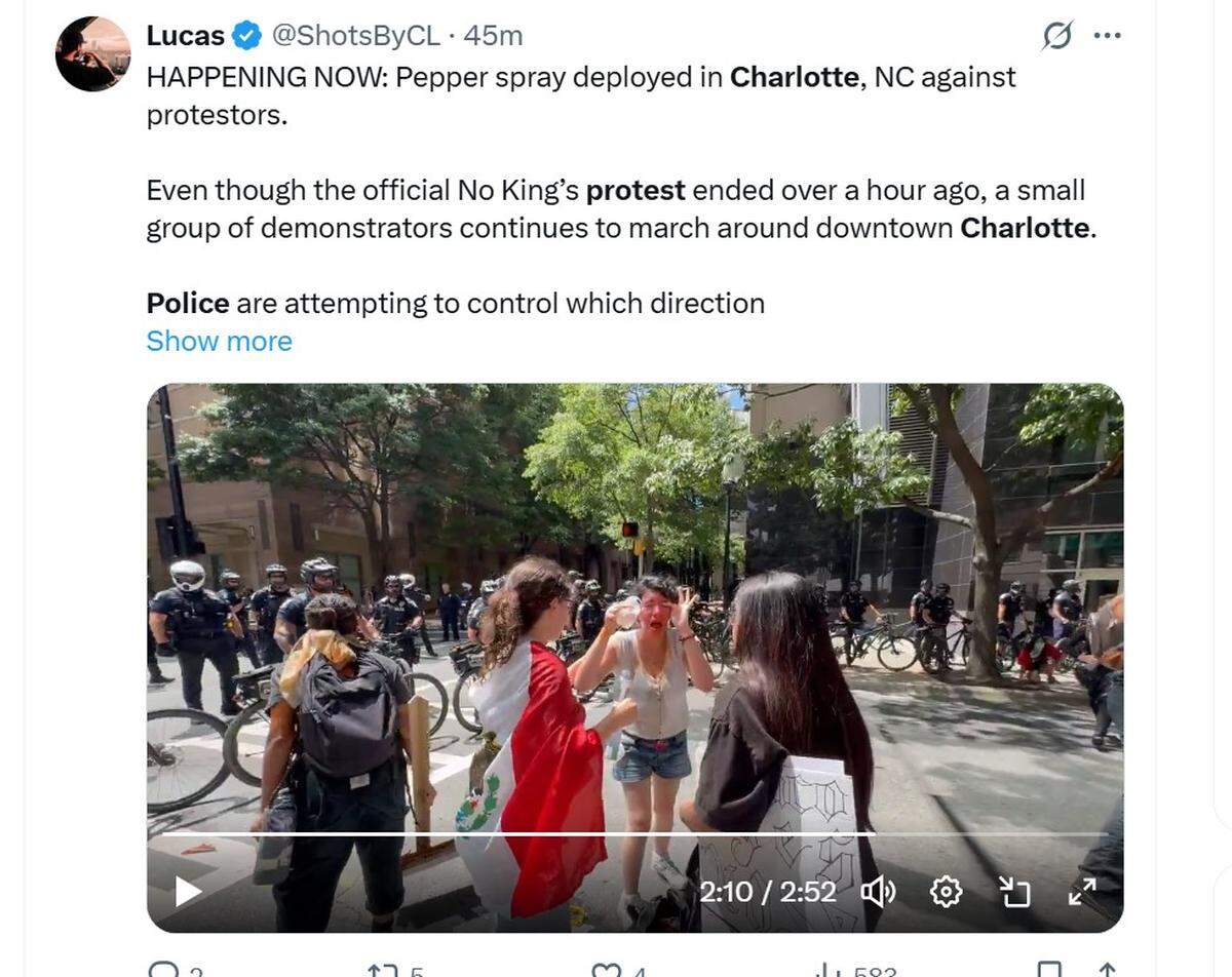 Video on X showed a woman grimacing in pain as she returned to other protesters in uptown Charlotte after being sprayed in the face by CMPD with a chemical irritant on Saturday, June 14, 2025.