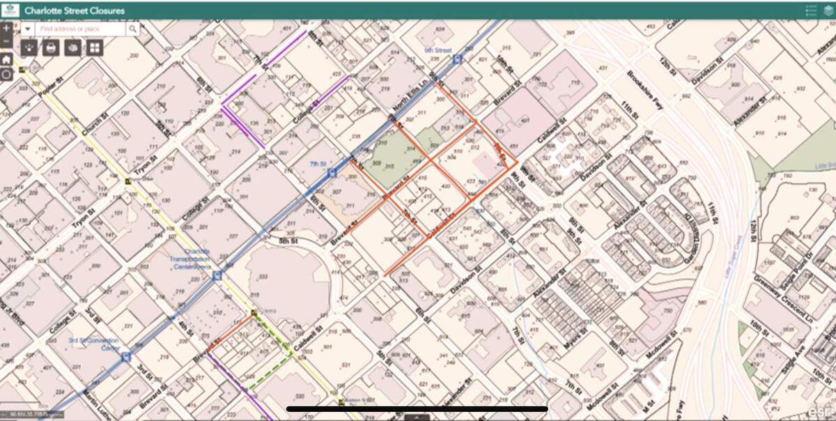 Map showing road closures in uptown Charlotte for Lovin’ Life Music Festival.