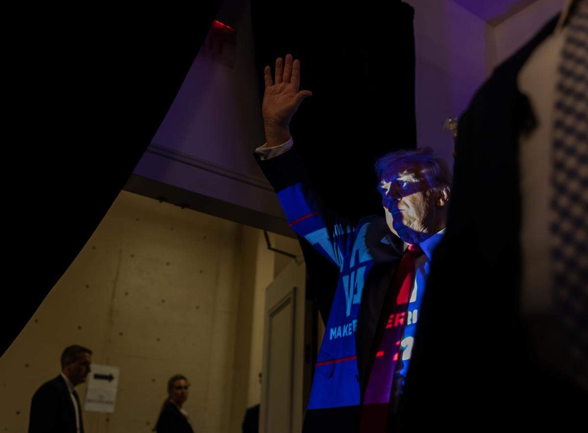 Former President Donald Trump acknowledges before his remarks to the Fraternal Order of Police in Charlotte, N.C., on Friday, September 6, 2024.