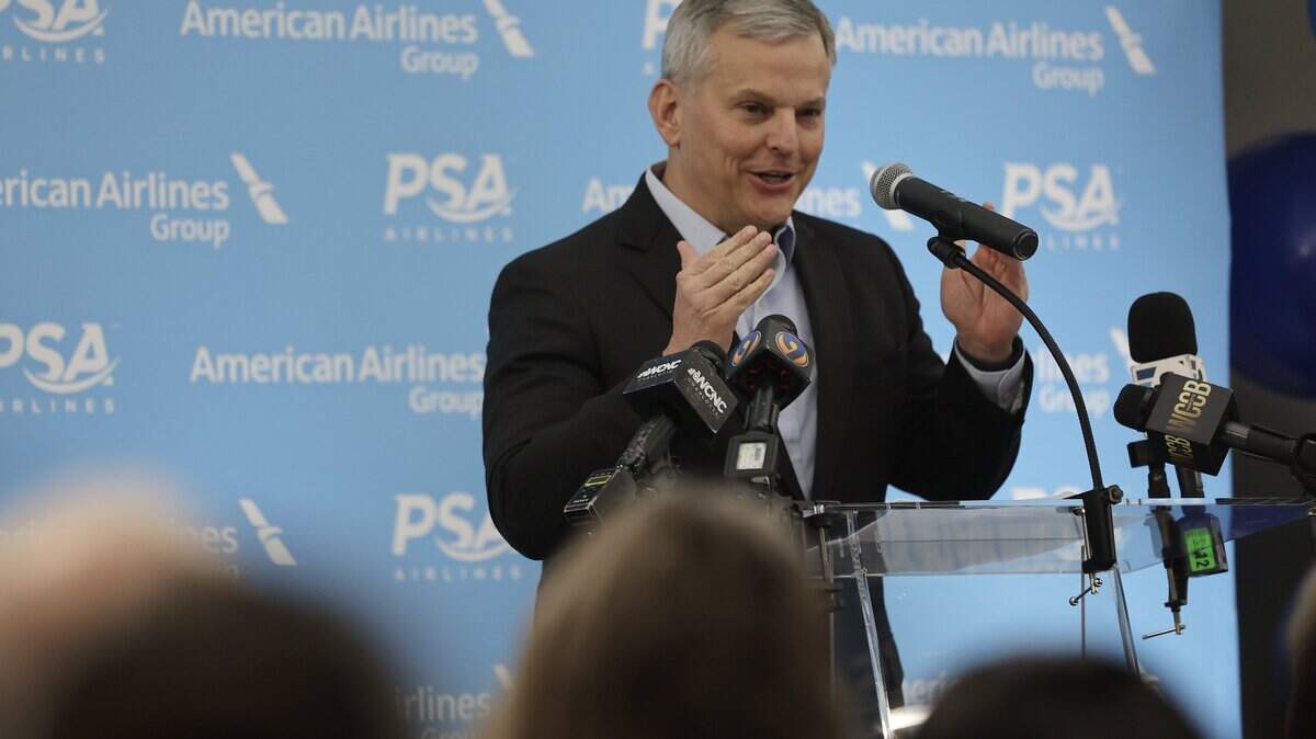 North Carolina Governor Josh Stein speaks with a crowd of employees and dignitaries on Thursday, March 19, 2026, at the grand opening of PSA Airlines headquarters in Charlotte.
