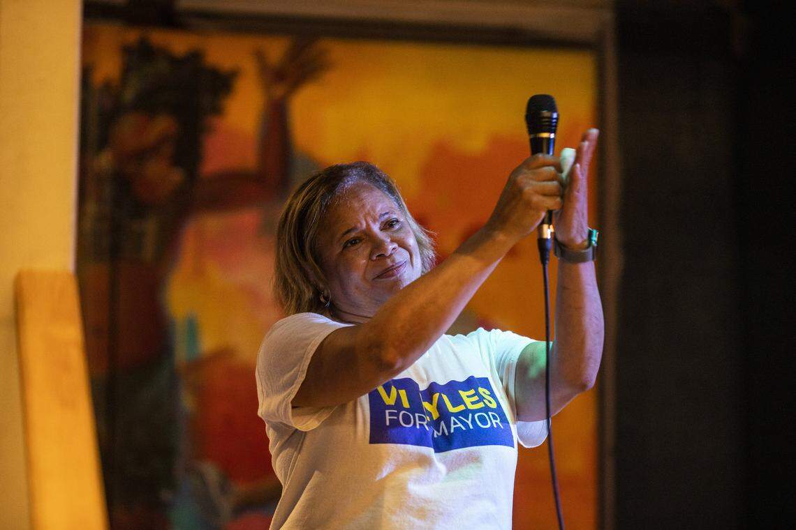 Mayor Vi addresses supporters during a 2022 election watch party.