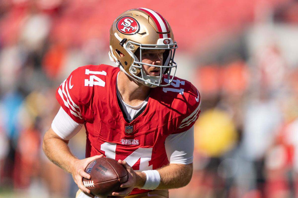 Aug 19, 2023; Santa Clara, California, USA; San Francisco 49ers quarterback Sam Darnold (14) warms up before the start of the first quarter against the Denver Broncos at Levi’s Stadium. Mandatory Credit: Stan Szeto-USA TODAY Sports