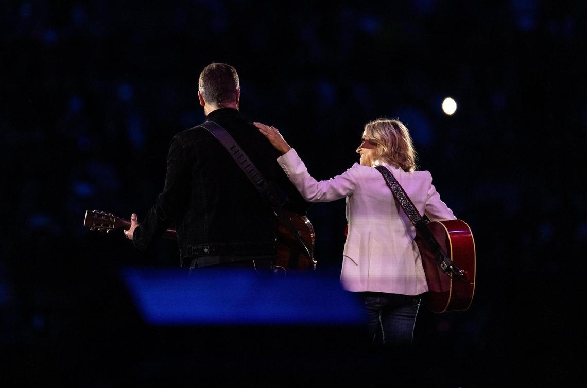 Eric Church performs with Sheryl Crow during Concert for Carolina in Charlotte, N.C. on Saturday, October 26, 2024.