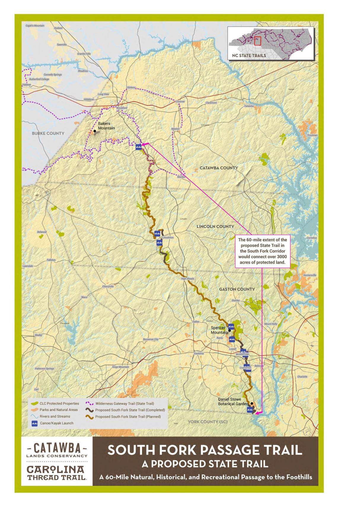 This map shows the route of the South Fork Passage from near the South Carolina state line at Daniel Stowe Botanical Garden to Catawba County.
