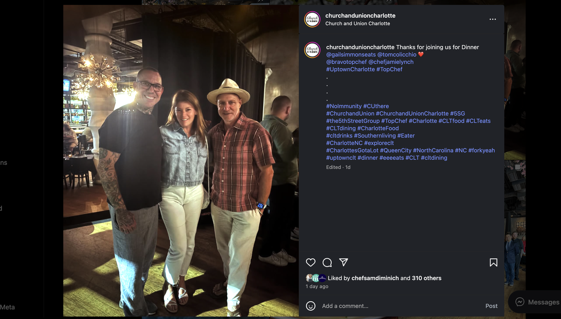 A screenshot of an Instagram post from the user churchandunioncharlotte. The post shows a full-body photo of three people standing together in a dimly lit restaurant. On the left, a person with a shaved head and tattoos on their arms is wearing a dark t-shirt and light pants. In the middle, a person is smiling, wearing a denim shirt and white pants. On the right, a person with a hat is wearing a red plaid shirt and white pants. The caption thanks them for joining them for dinner. The screenshot shows the Instagram interface around the photo, including the user profile, caption, and navigation menu on a dark background.