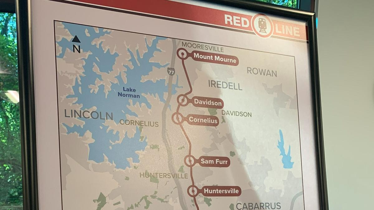 A display shows the proposed stops along the Red Line at a community meeting on the project in Huntersville Thursday. Those stops could change to accommodate growth and development and reflect community feedback.