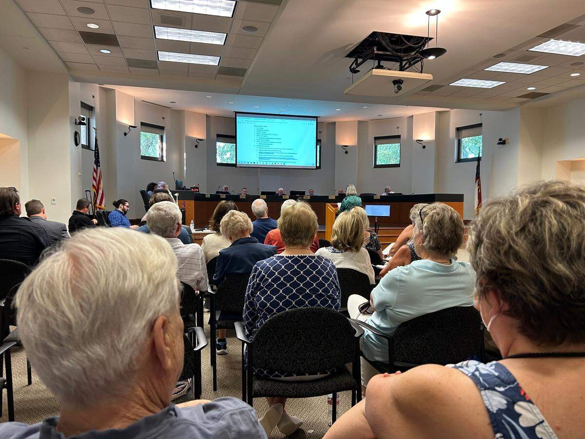 Opponents of the proposed Cornelius Business Park packed the July 17, 2023, meeting of the Cornelius Board of Commissioners.