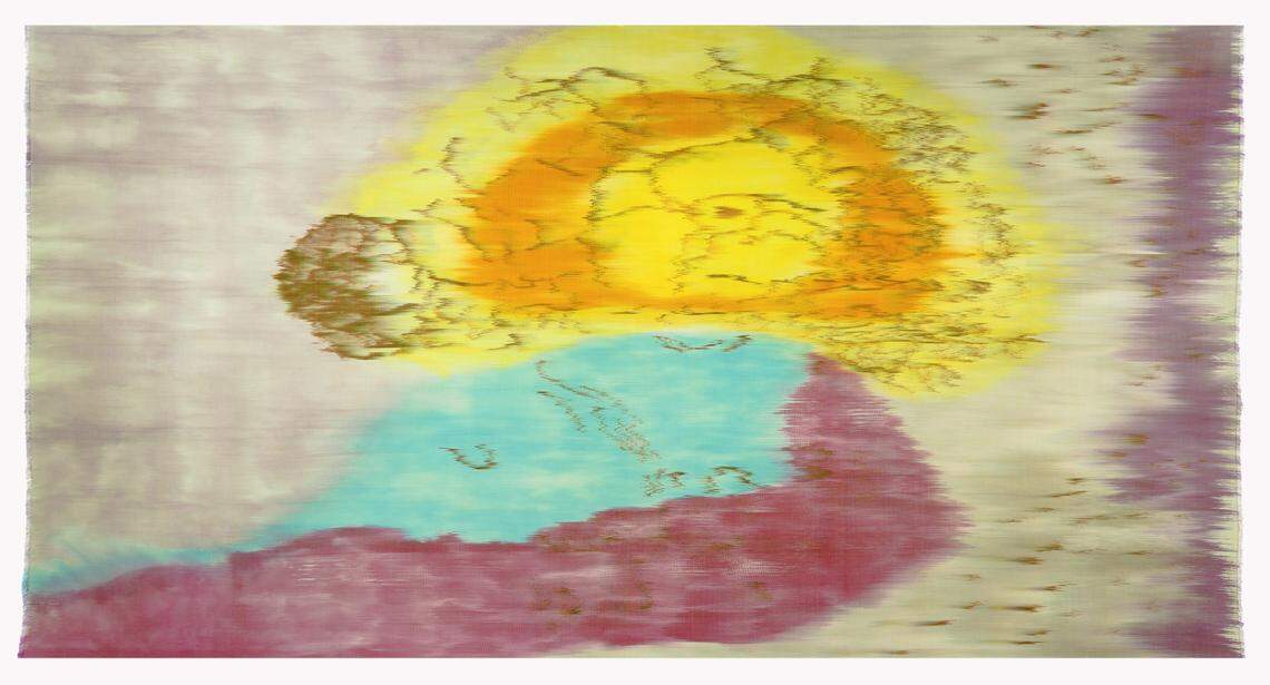 Hildur Ásgeirsdóttir Jónsson, Fragment, 2018, Silk thread and dyes, 114 x 216 in. The Icelandic artist’s show at the Bechtler Museum of Modern Art is her first solo museum exhibition in the U.S. in nearly a decade.