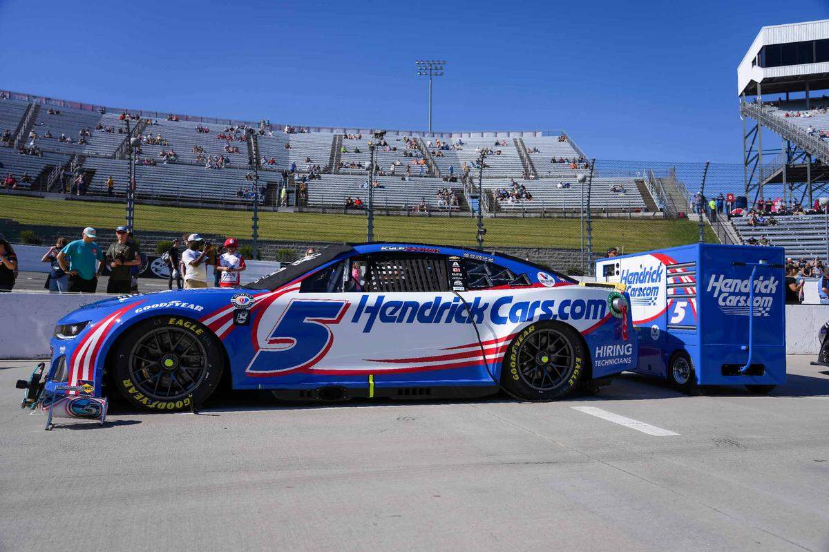 Oct 29, 2023; Martinsville, Virginia, USA; NASCAR Cup Series driver Kyle Larson (5) car prior to the NASCAR Xfinity 500 at Martinsville Speedway. Mandatory Credit: David Yeazell-USA TODAY Sports