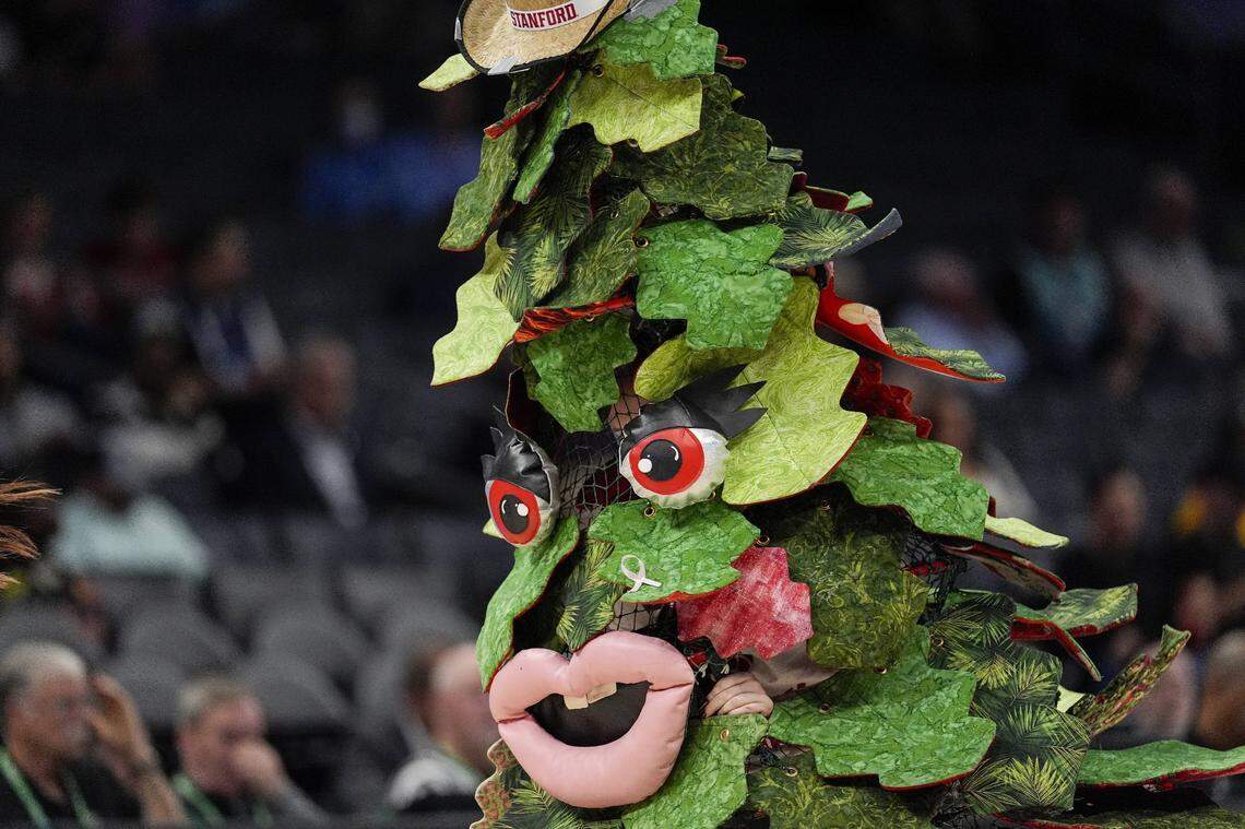 Mar 12, 2025; Charlotte, NC, USA; The Stanford Cardinal tree mascot dances during the first half against the California Golden Bears at Spectrum Center.
