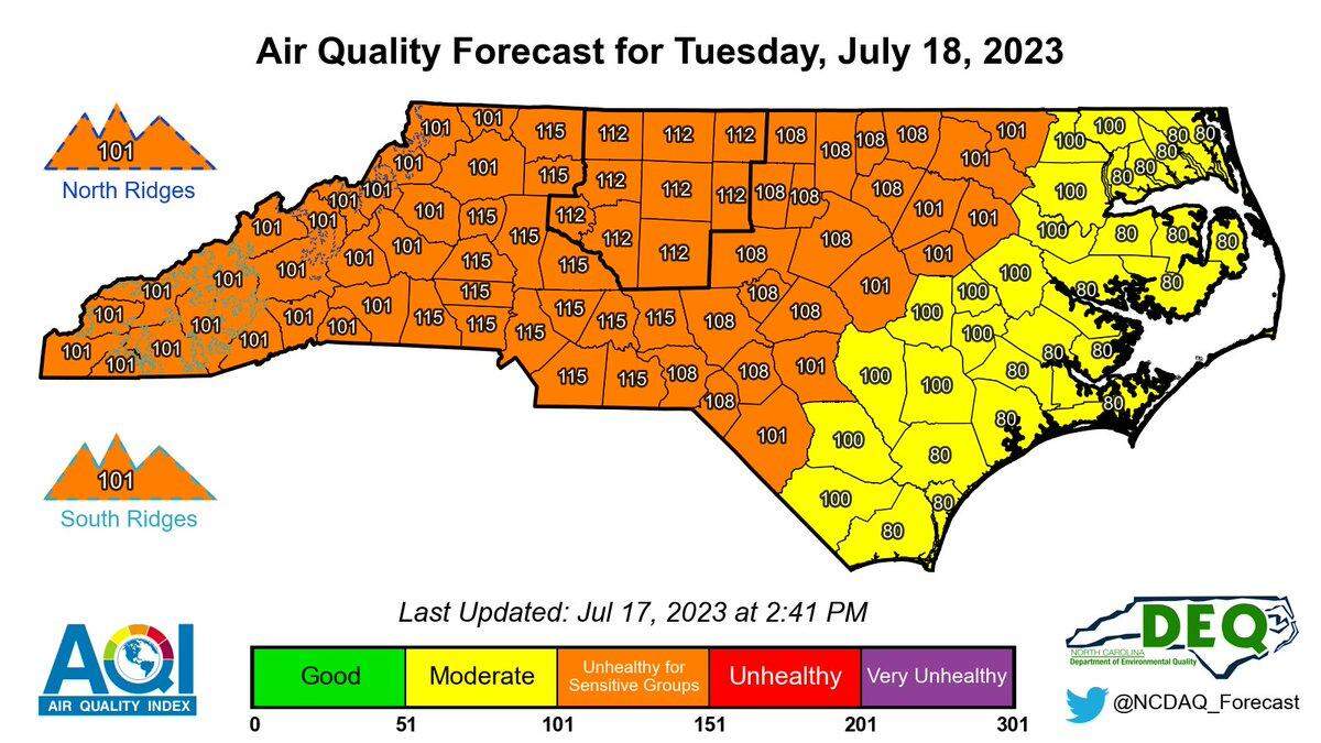Central and western North Carolina will again see haze, smoke and smog from Canadian wildfires the week of Monday, July 17, 2023.