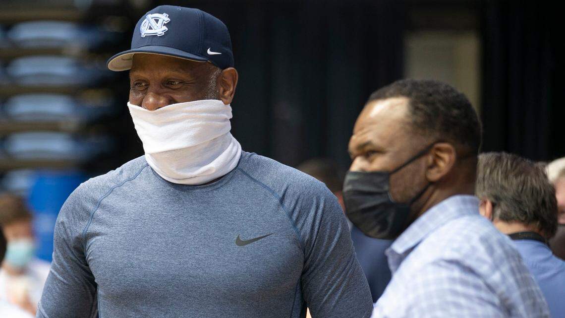 Former North Carolina player George Lynch arrives at the Smith Center for the introduction of Hubert Davis as the new head coach on Tuesday, April 6, 2021 at the Smith Center in Chapel Hill, N.C.
