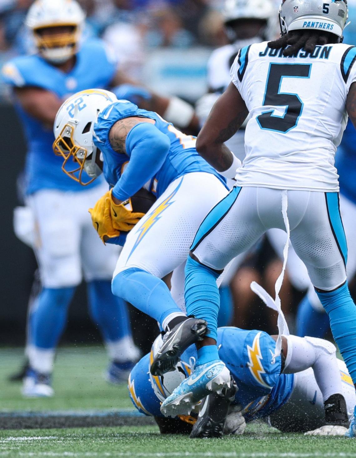 Chargers defensive back Elijah Molden intercepts a pass intended for wide receiver Diontae Johnson Panthers during the game at Bank of America Stadium in Charlotte, NC on Sunday, September 15, 2024.